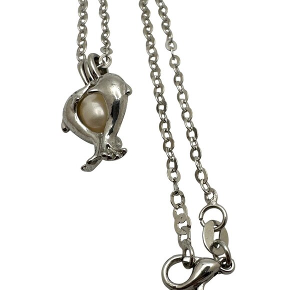 Dolphin Pearlcore Sea Siren Pendant Necklace Love Caged Silver Coquette Romance - Picture 6 of 8